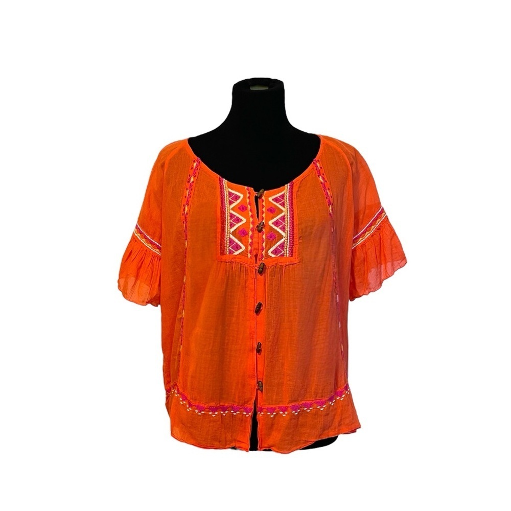 Orange Boxy Blouse with Flutter Sleeves and Bib Collar
